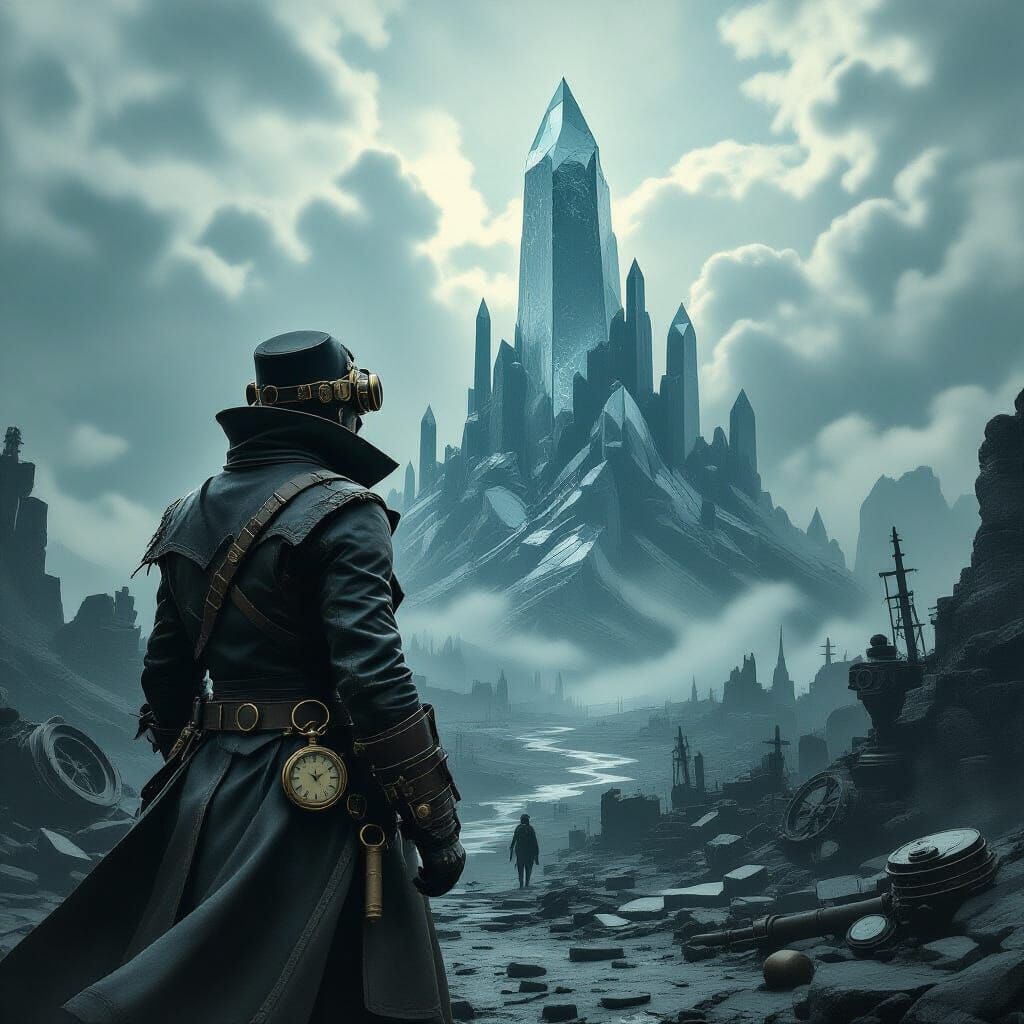 Steampunk Explorer on Crystal Mountain in Post-Apocalyptic W...