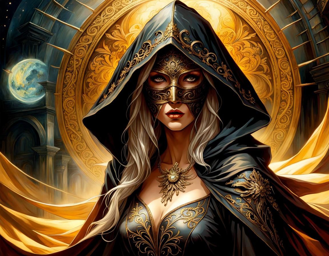 Dark Fantasy Priestess in Plunging Gown, Filigree Details