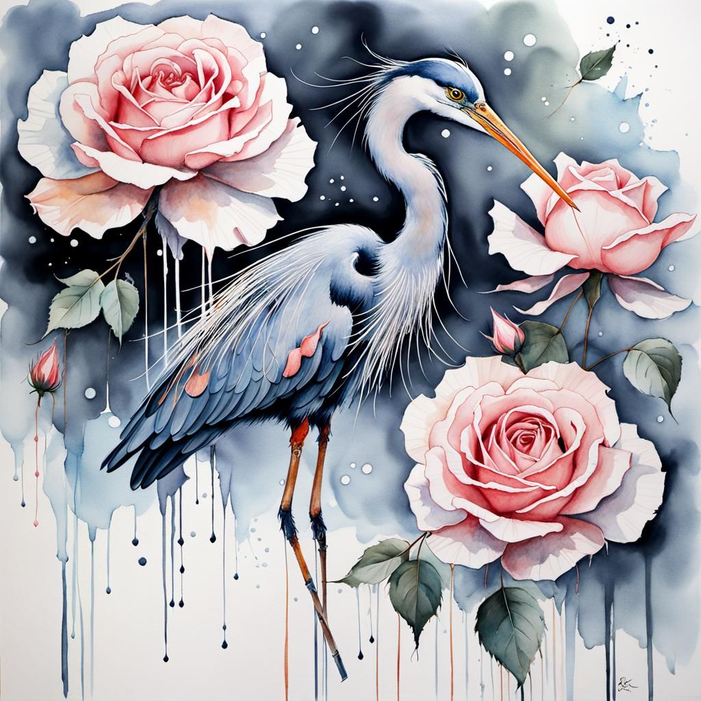 Roses, Heron, and Floating Leaf in Ink Fusion Style