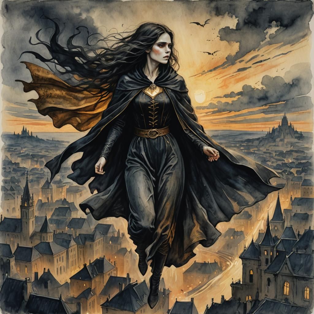 Vampire Girl Flies at Dusk: Symbolist Fantasy Art