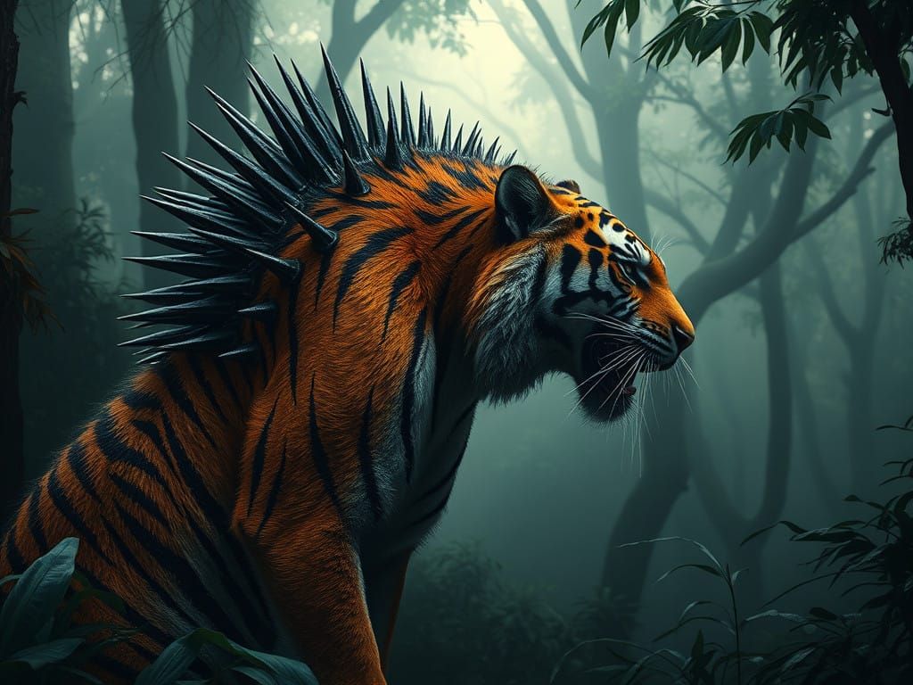 Tiger with Echidna-Like Quills in Dark Jungle