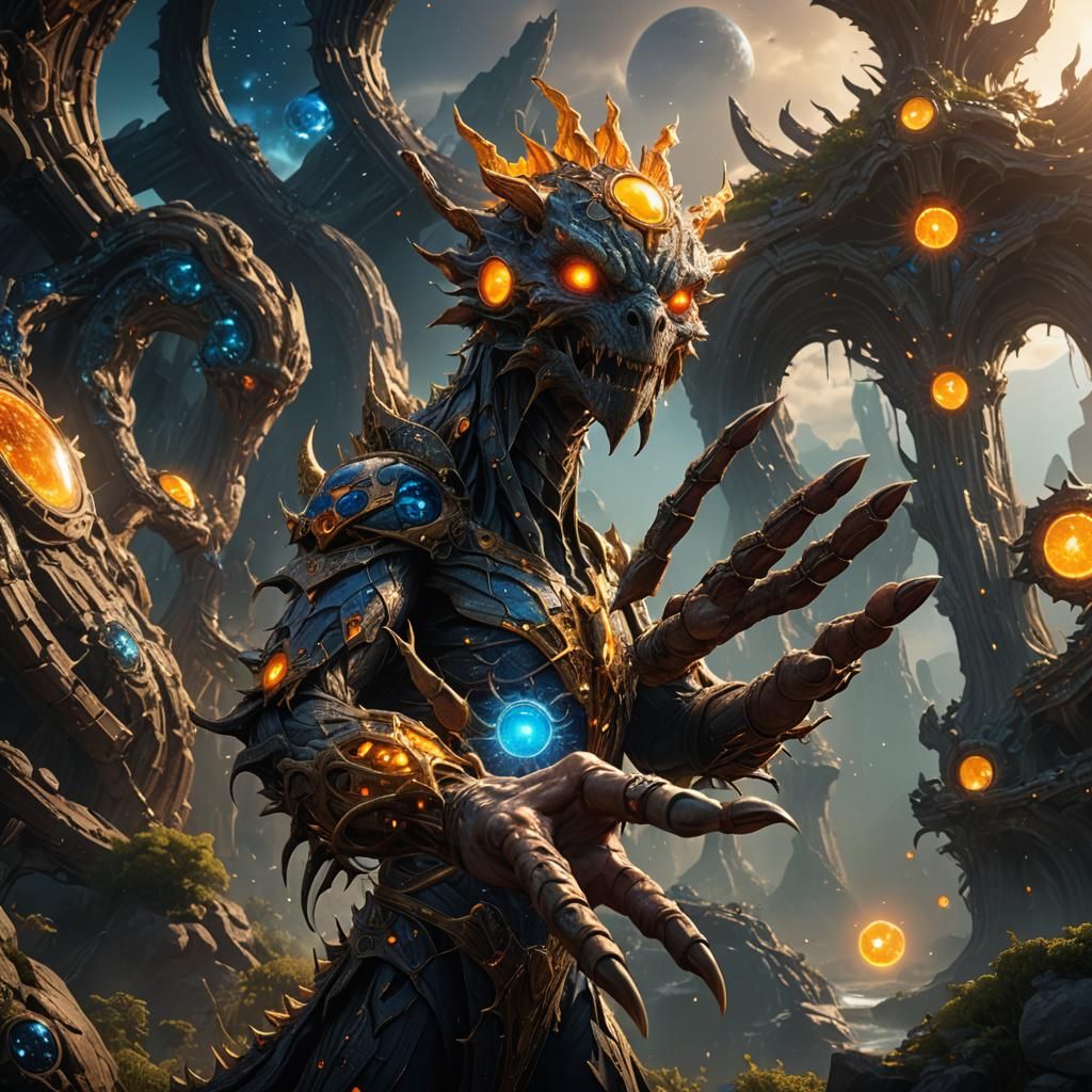 Creature Holding Solar System: Detailed Fantasy Art