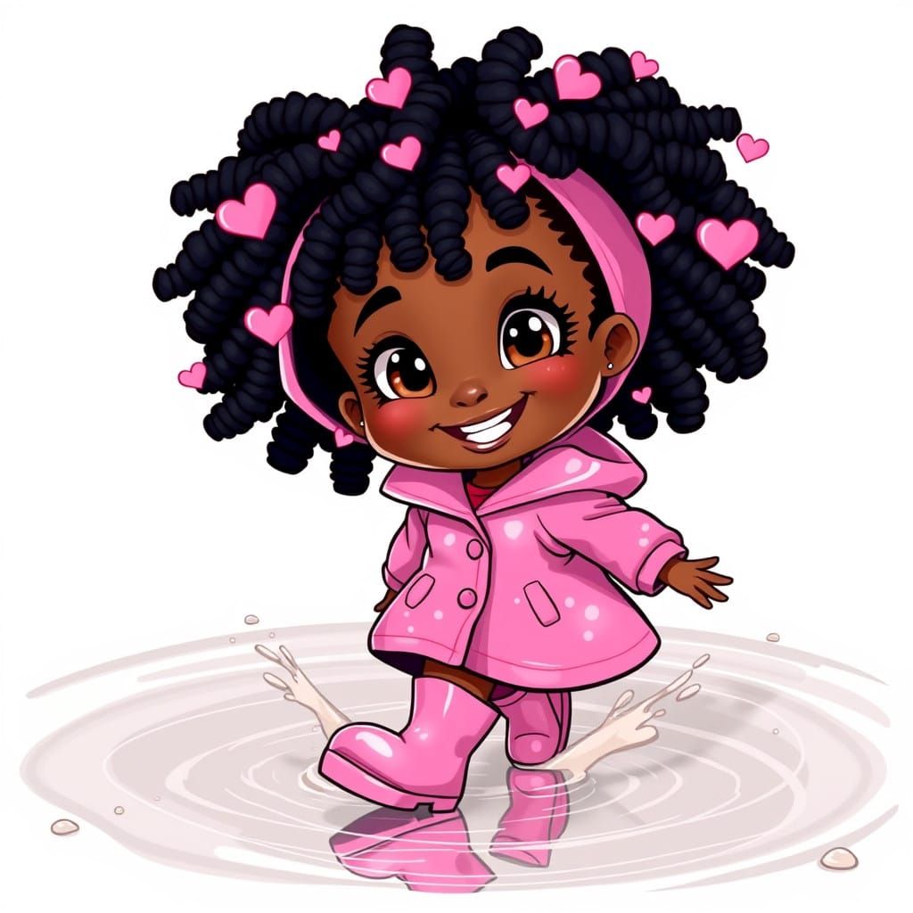 Cheerful African Girl in Pink Raincoat with Hearts