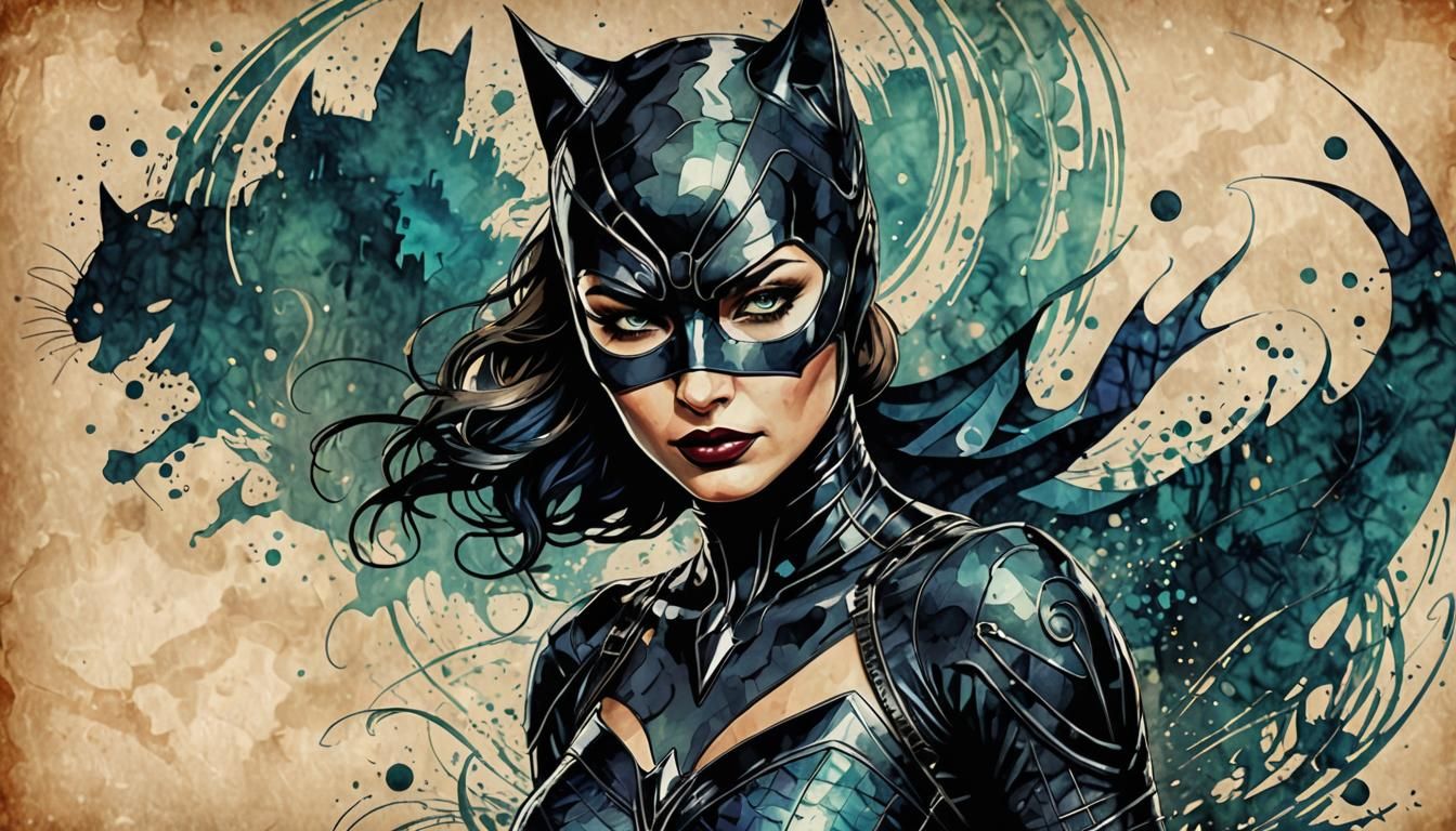 Catwoman Selina Kyle Drawing on Vintage Parchment
