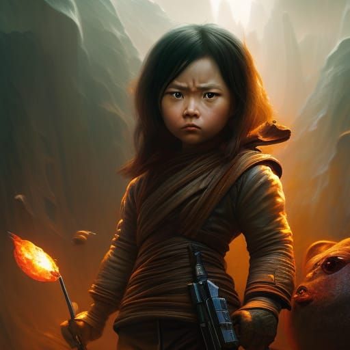 Chibi Rey Jedi Portrait in Pop Art Style