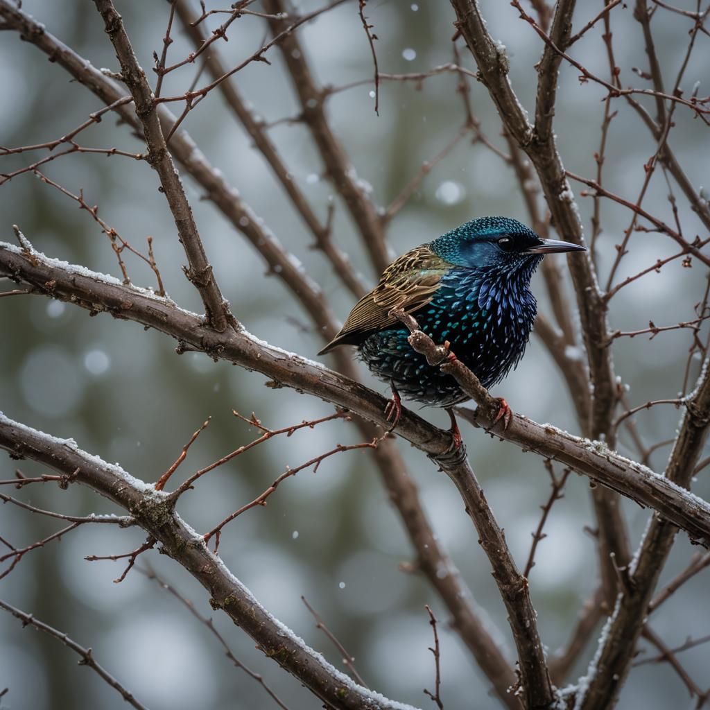 European Starling Macro Photo, Detailed Fantasy Art
