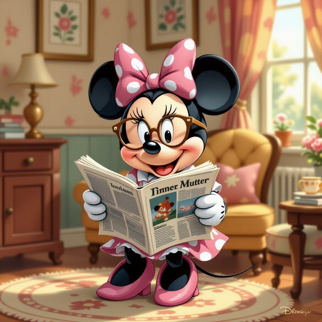 Minnie Mouse as Grandmother Reading Newspaper in Cozy Room