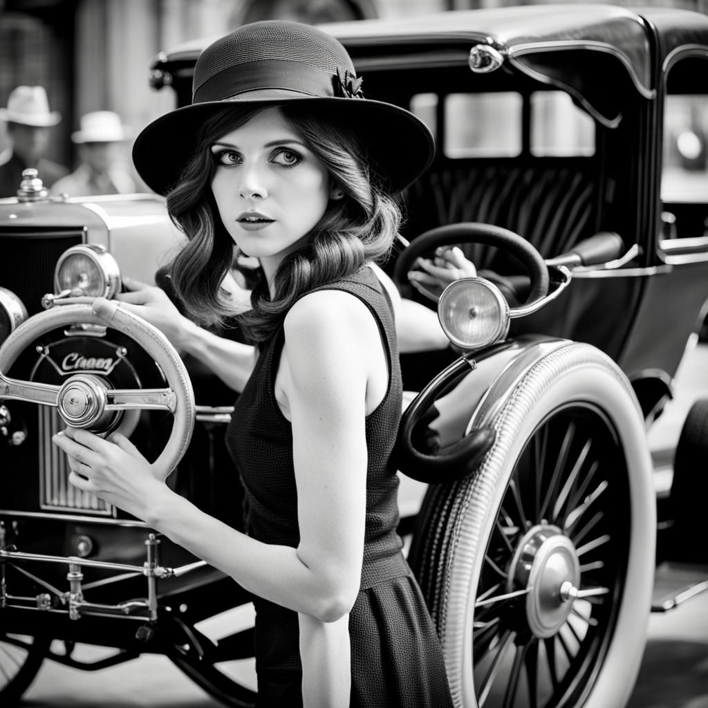 Anna Kendrick with 1920s Ford in Chicago