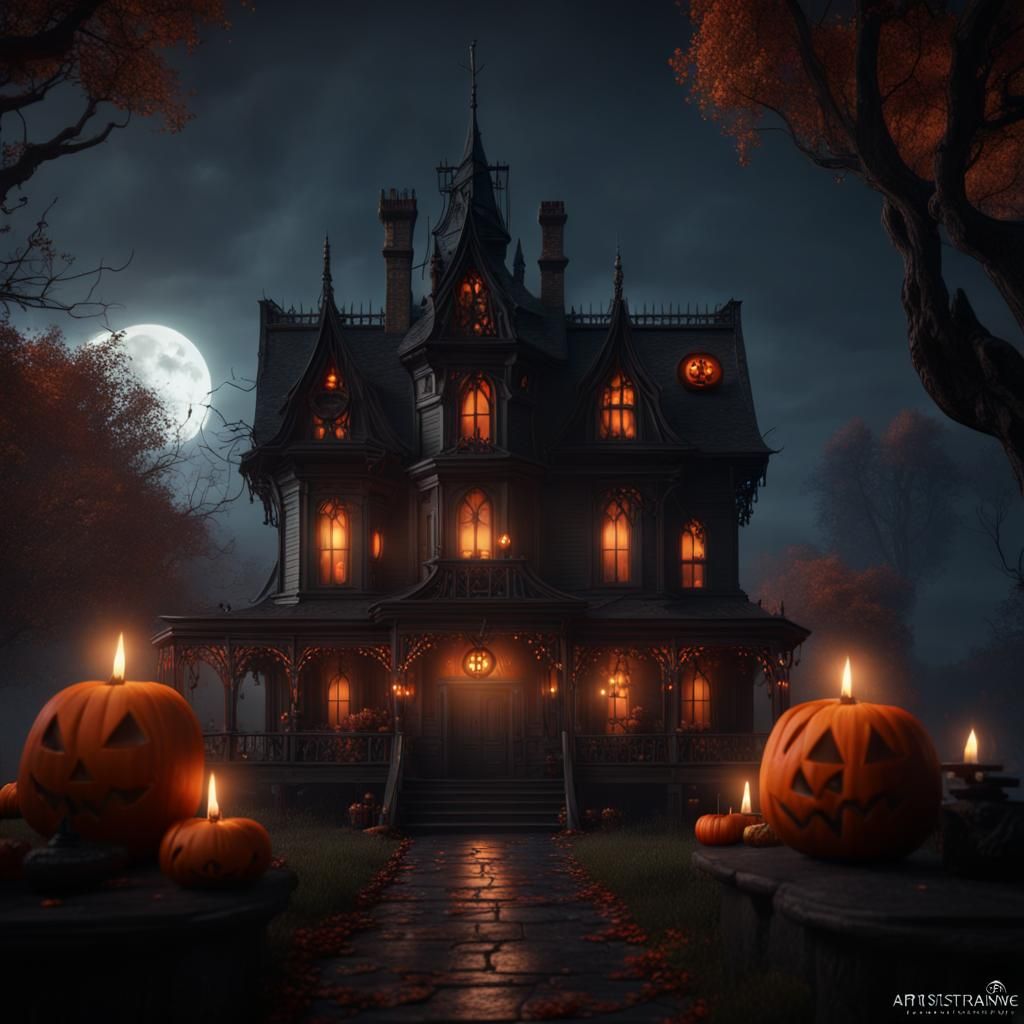 Gothic Halloween House with Jack-o'-Lanterns