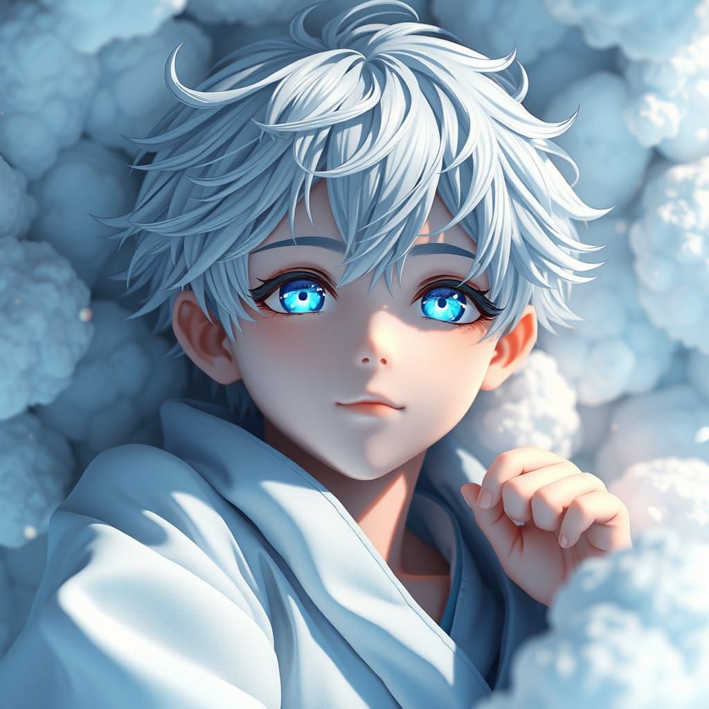 Ethereal Boy Drifts on Celestial Clouds in Breathtaking 8K D...