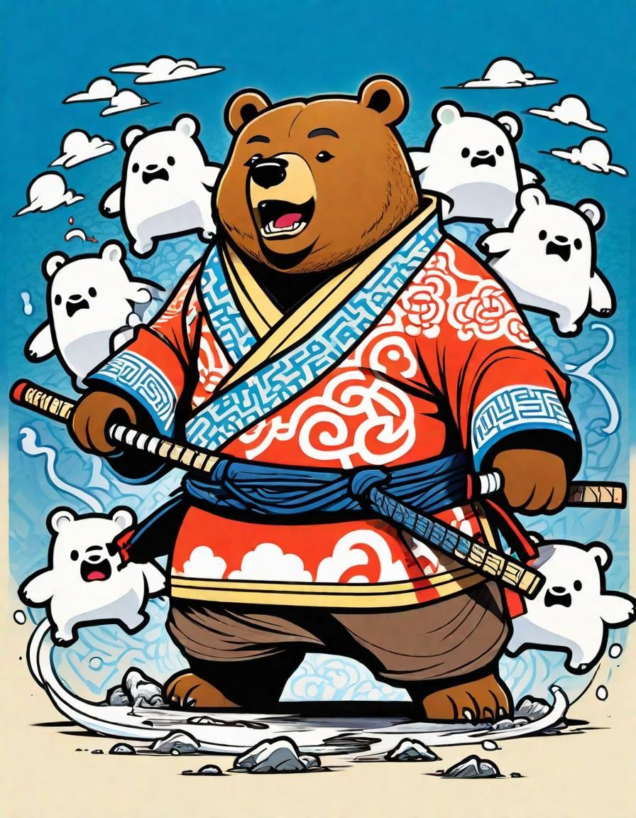 Anime Samurai Bear Surrounded by Ghosts Illustration