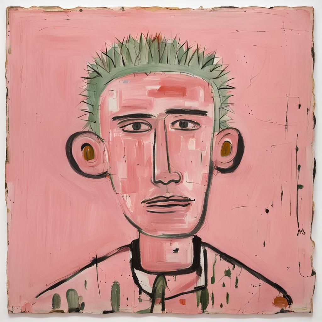 Pink Cactus Man Portrait in Naive Art Style