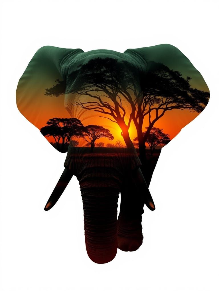 Elephant Silhouette with African Plains Double Exposure