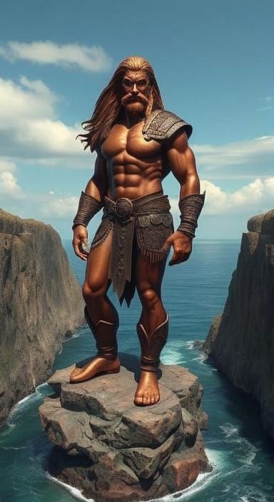 Colossal Copper Warrior Statue in Golden Light