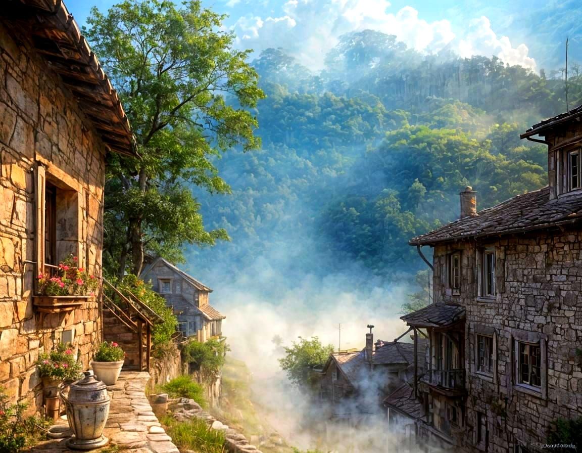 Vibrant Watercolor Scene of Steaming Coffee Amidst Fairytale...