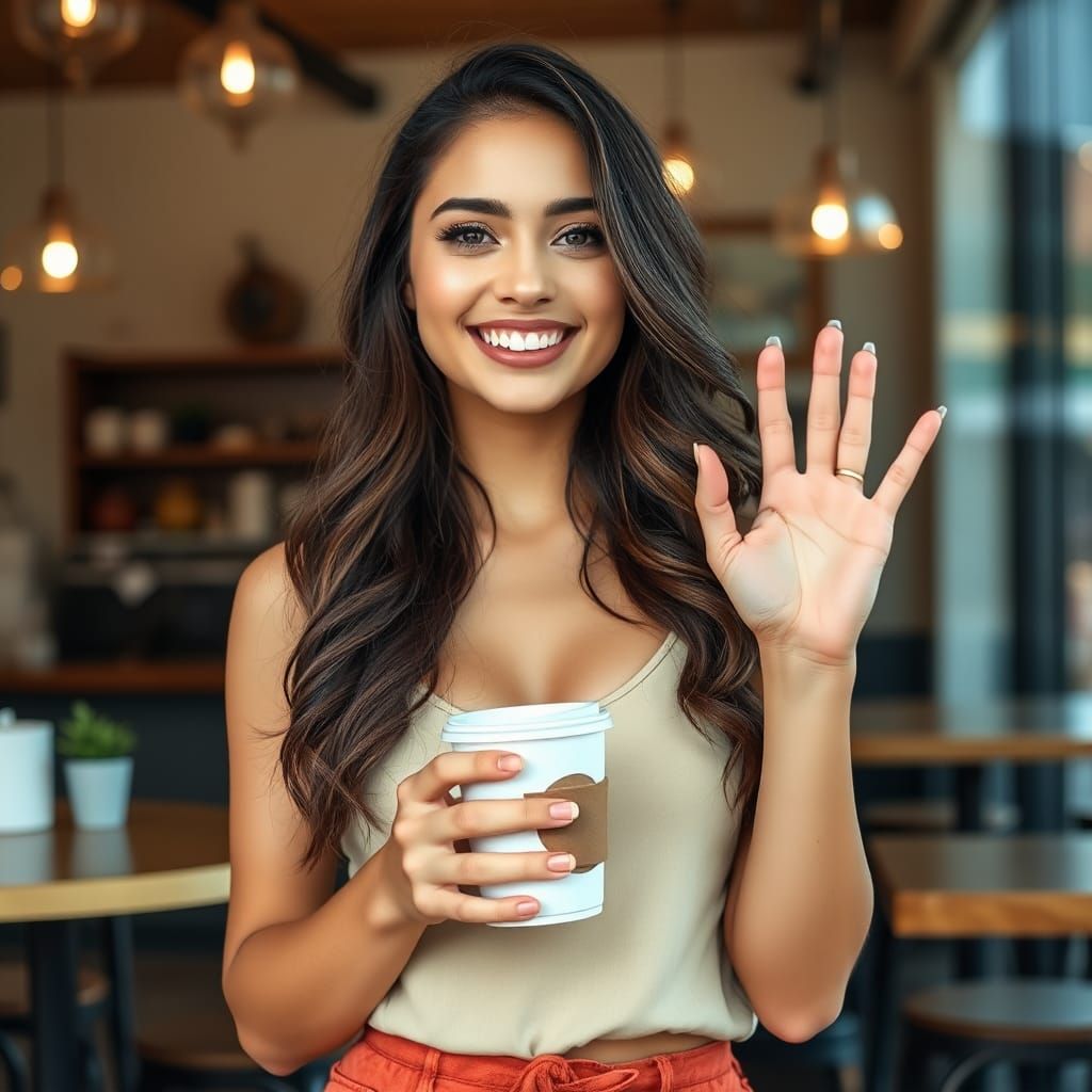 Smiling Millennial Woman Enjoying Coffee at Cafe