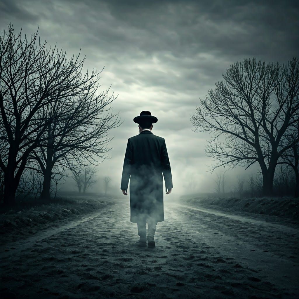 Sombre Hasidic Figure Disappears into Bleak Monochromatic La...