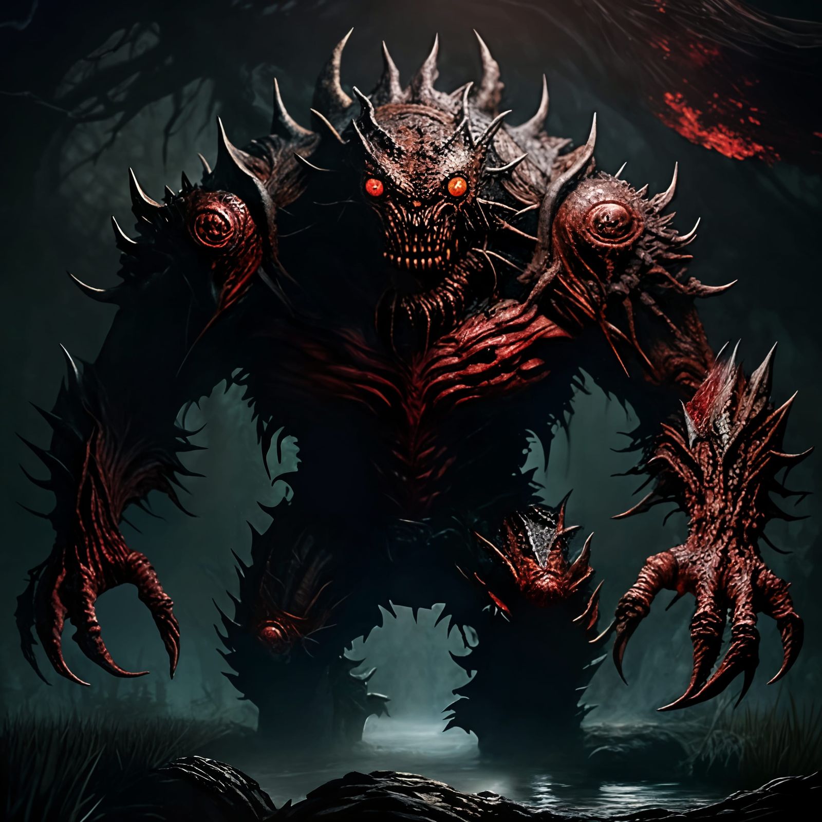 Nightmarish Red-Eyed Monster with Root Body