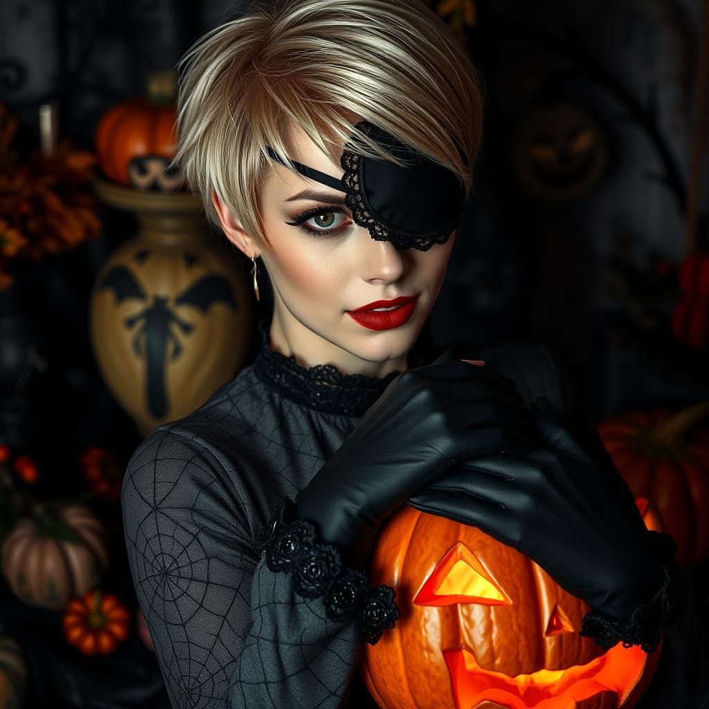 Eyepatch Woman with Jack-o'-Lantern in Fine Art Photo