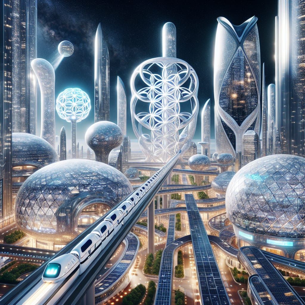 Futuristic Space City with Flower of Life Design