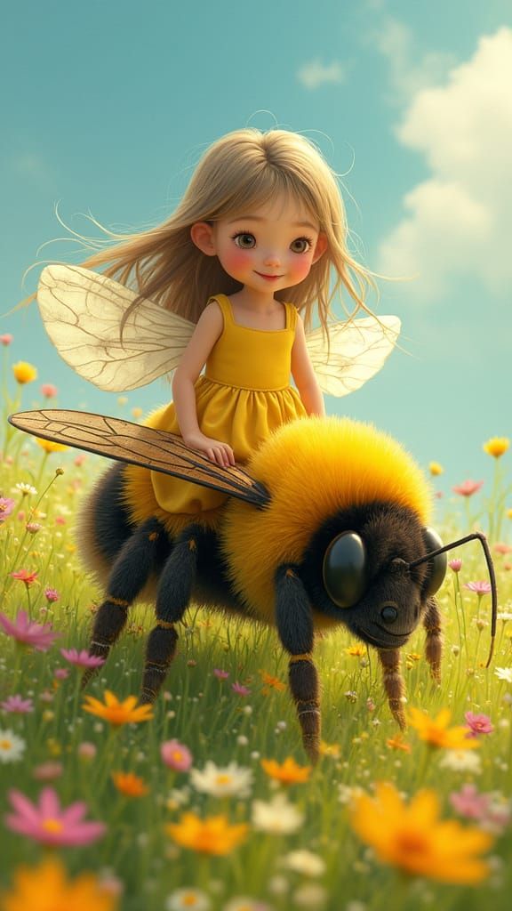 Girl Rides Bumble Bee in Dreamy Anime Meadow