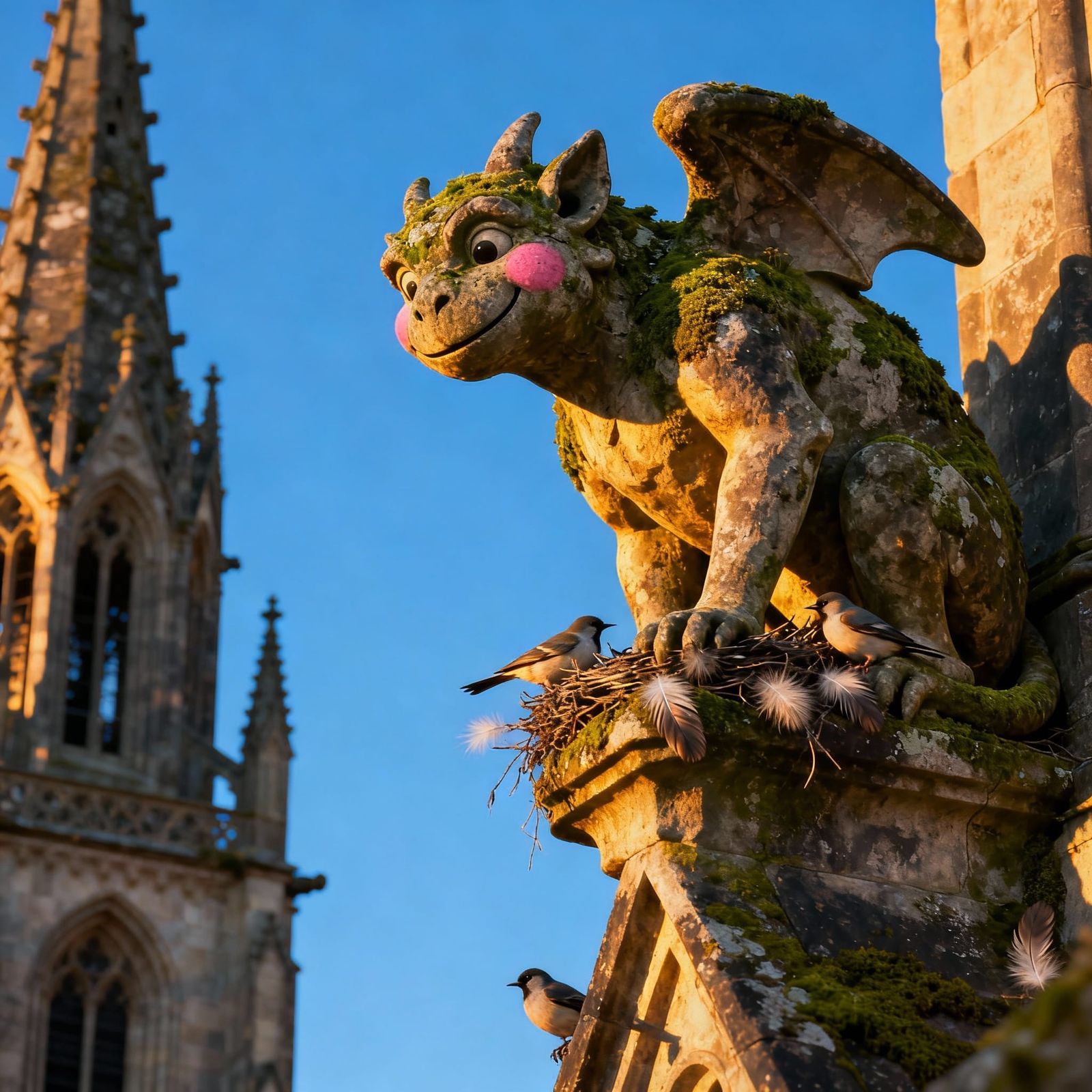 Cheerful Stone Gargoyle on Cathedral Spire in Sunlight