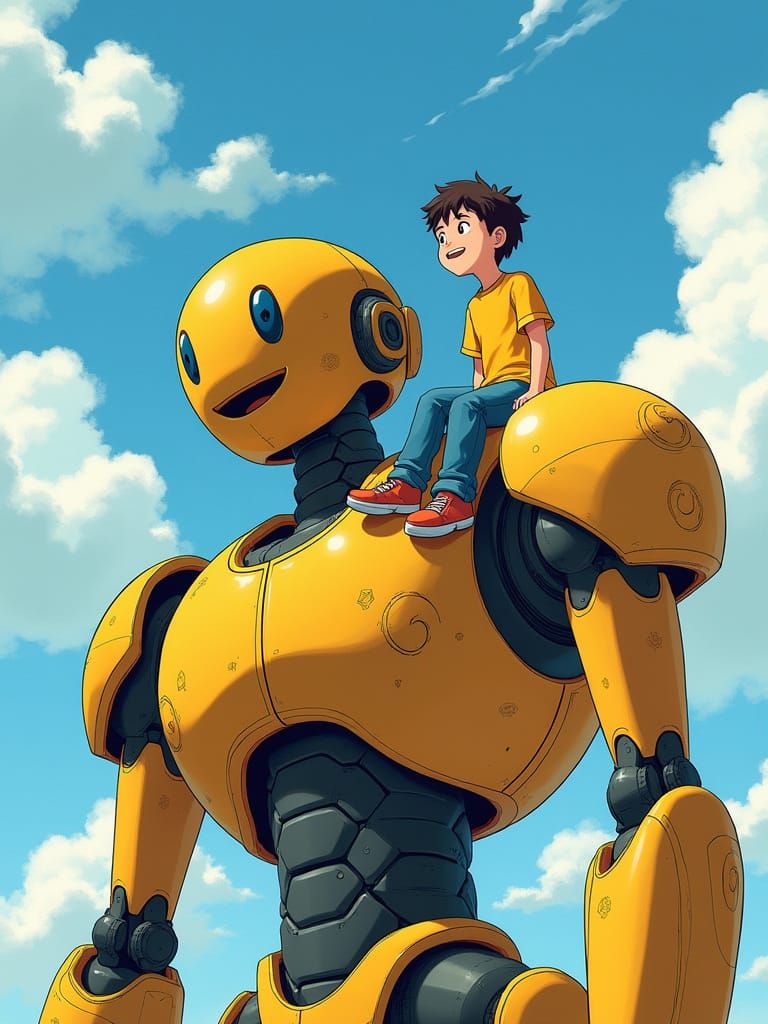 Boy and Robot Titan Friends in Miyazaki-inspired Art