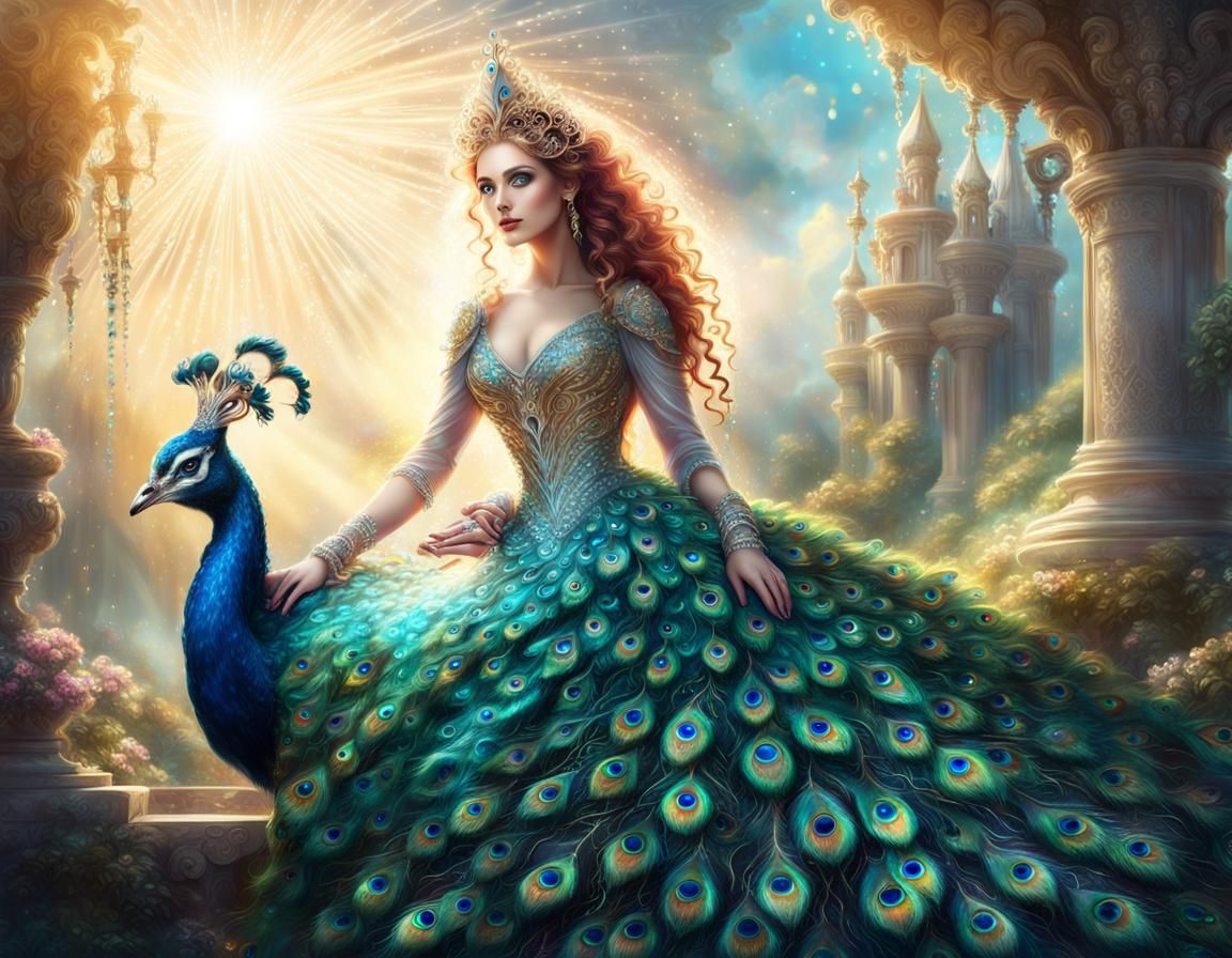 Glowing Peacock Princess in Fantasy Landscape