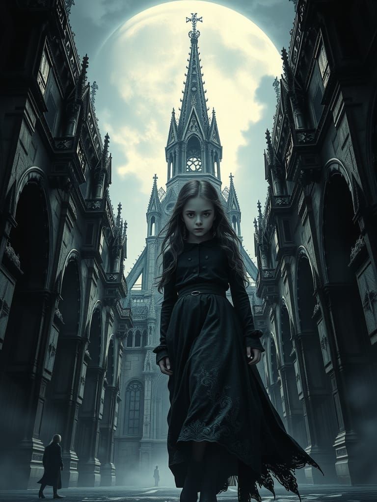 Gothic Girl Emerging from Shadowy Cathedral
