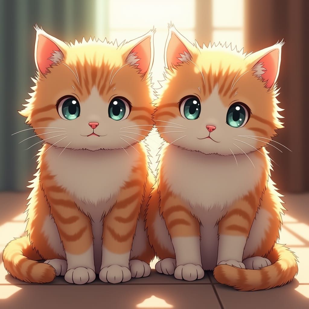 Adorable Fluffy Cats in Striking Anime Style