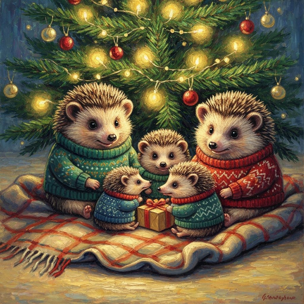 Adorable Hedgehogs in Christmas Sweaters by Tree