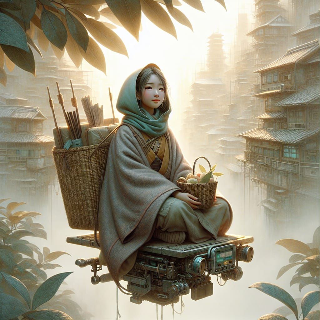 Japanese Girl on Steampunk Hoverboard Amidst Dystopian Citys...