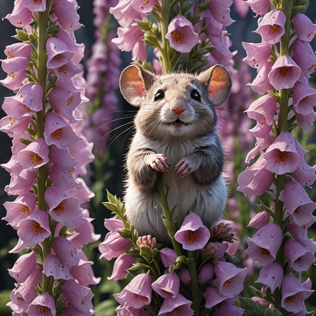 Mouse Climbing Foxglove in Fantasycore Style