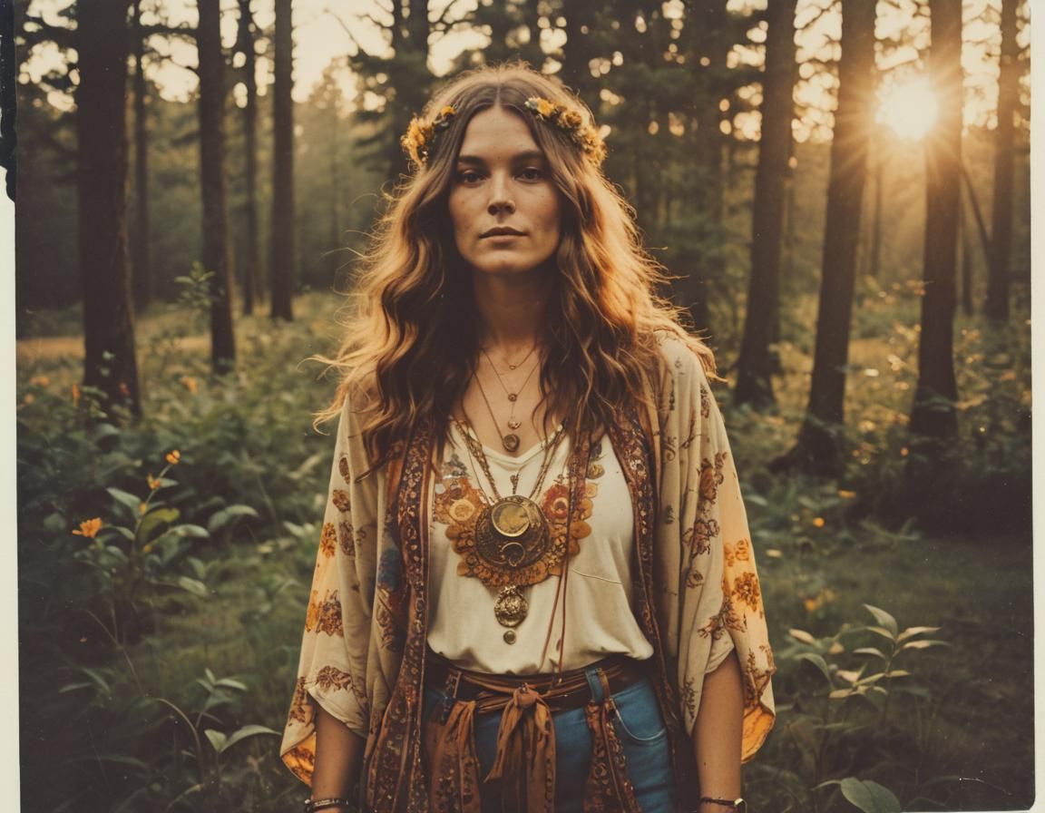 Hippie Woman in 60s Fashion, Polaroid Style