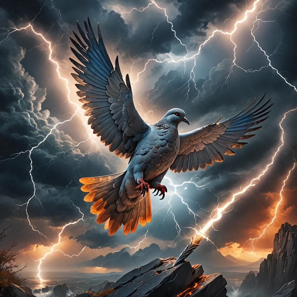 Dove with Sword in Stormy Landscape