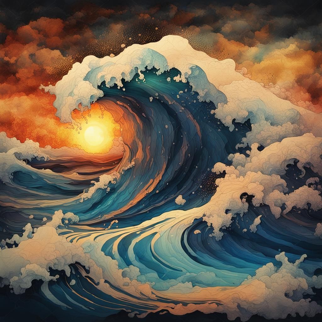 Sunset Waves in Vintage Ink Painting Style