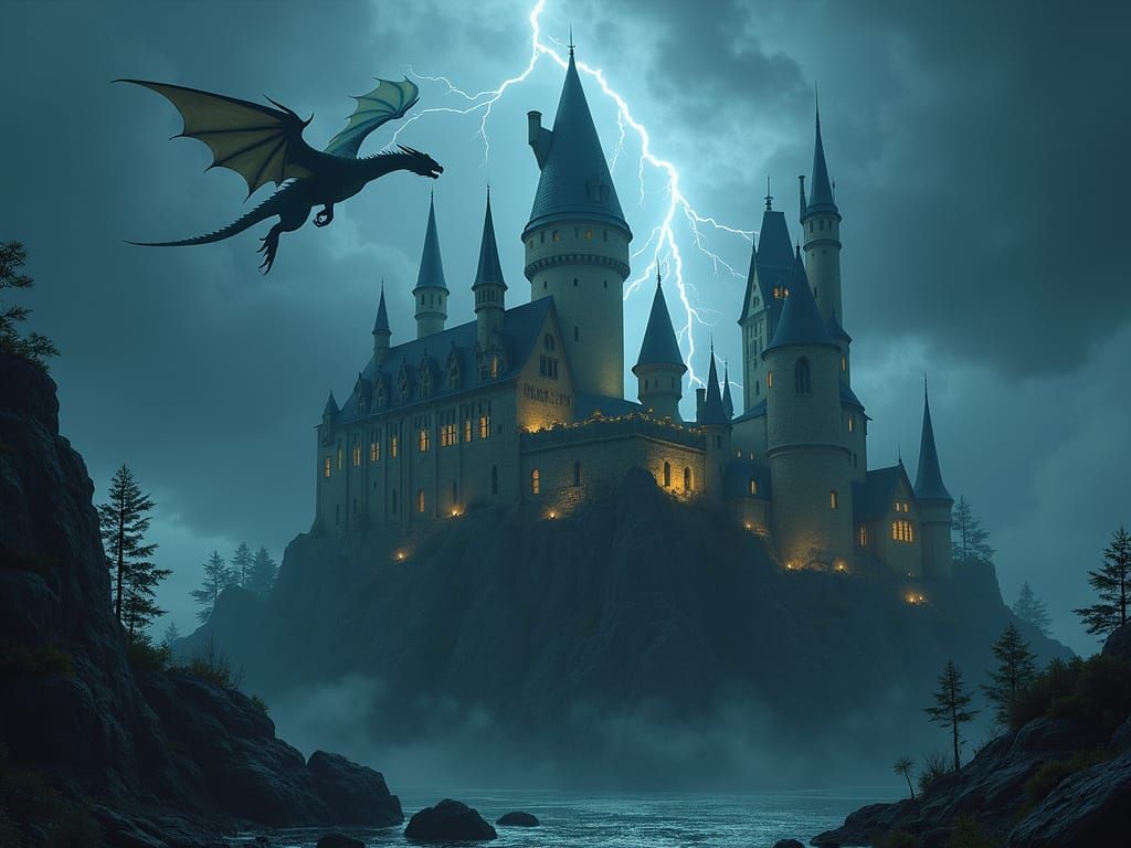 Gothic Castle Illuminated by Stormy Night Sky with Dragon an...