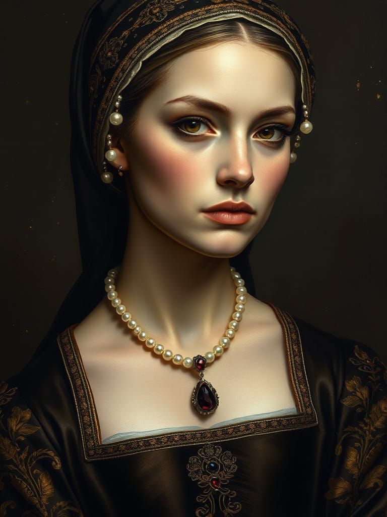 Hyper-Realistic Tudor Woman in Gold-Embroidered Gown, à la O...