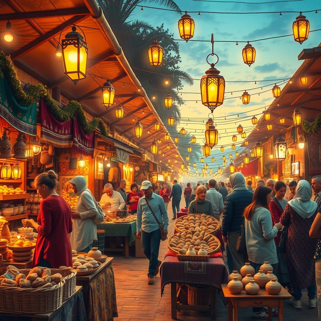 Golden Market Scene at Dusk with Handcrafted Wares and Twink...