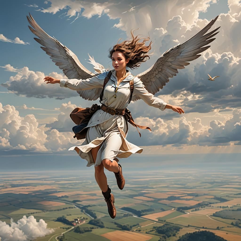 Winged Woman Soaring Over a Plain