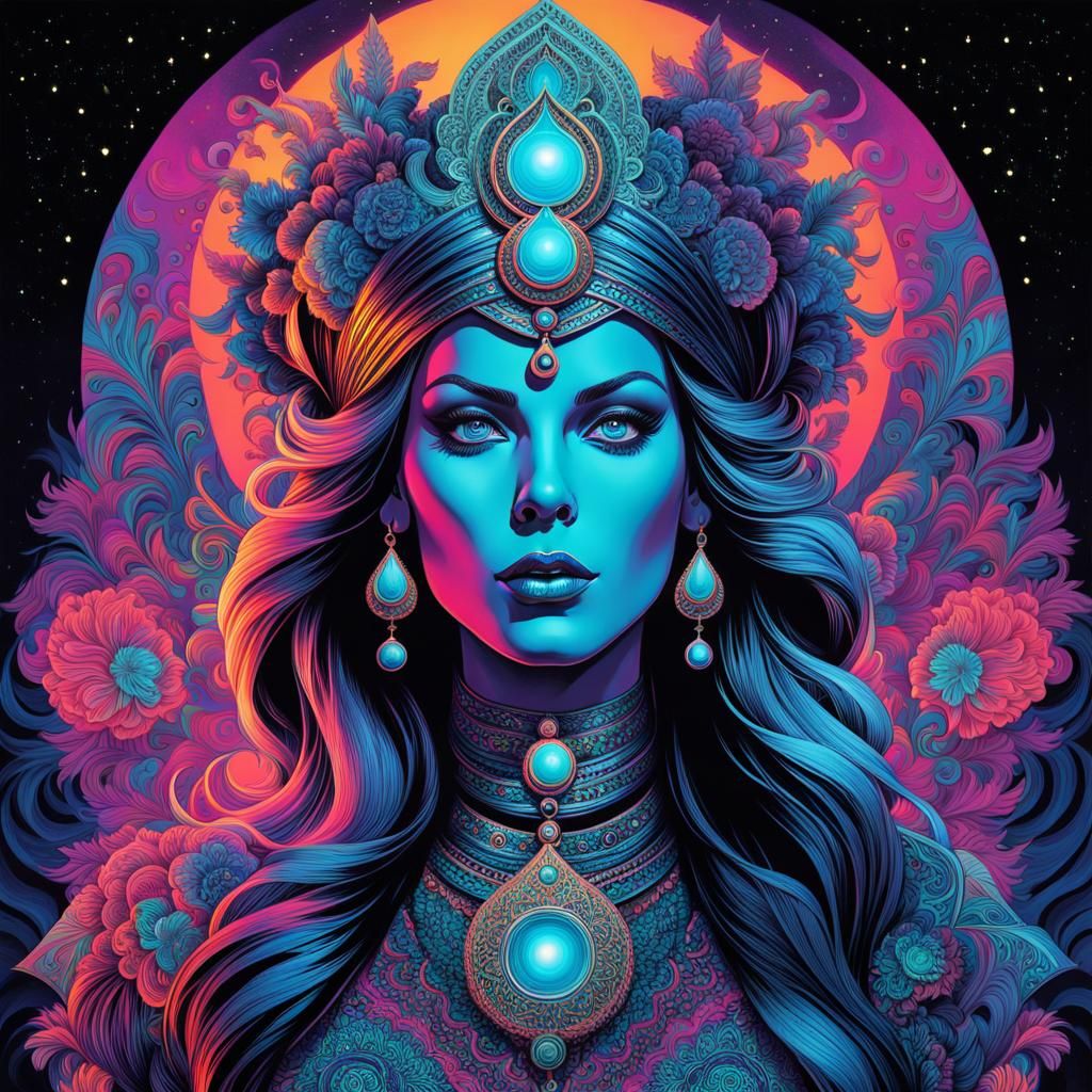 Bioluminescent Genie in Psychedelic Art Style