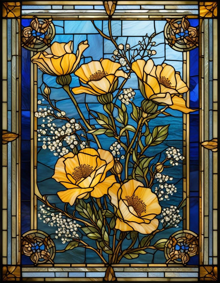 Yellow Moss Rose Stained Glass Art with Blue Background
