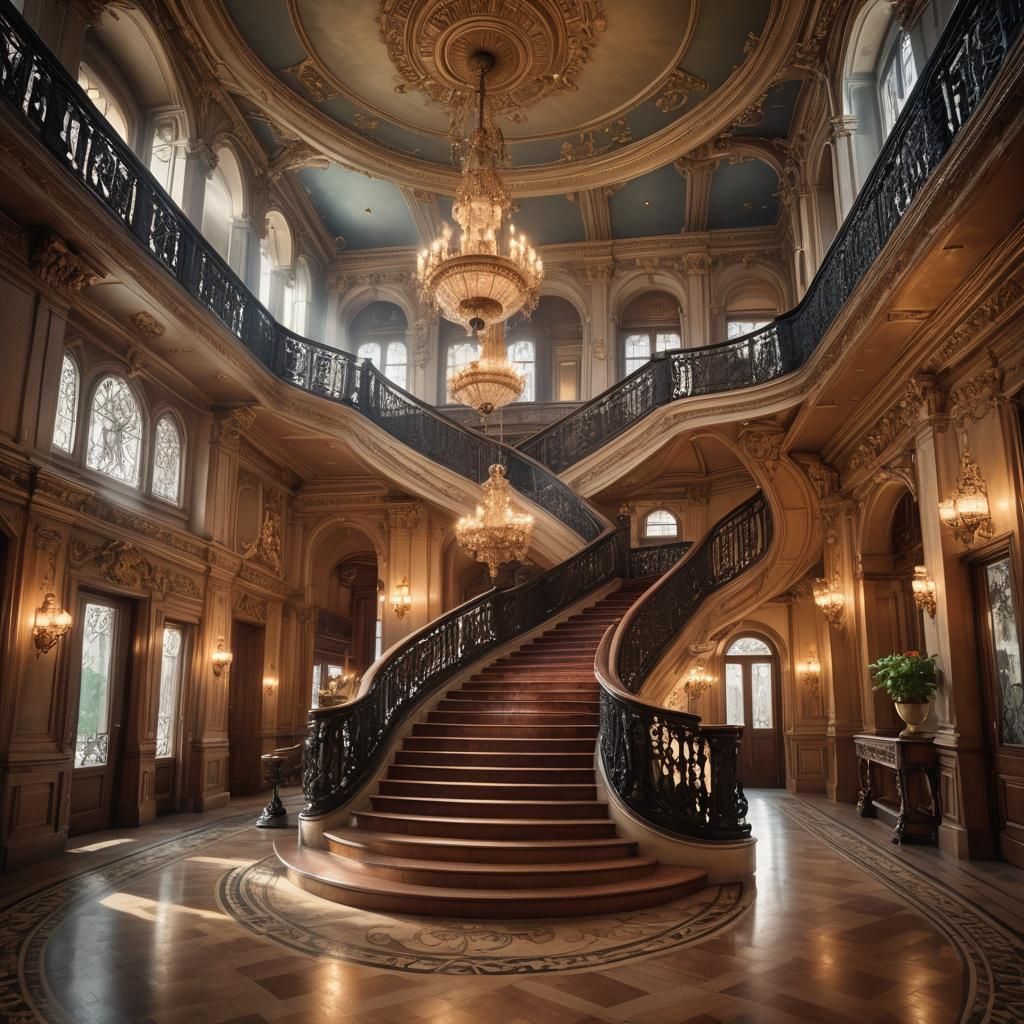 Ornate Winding Staircase in Grand Foyer