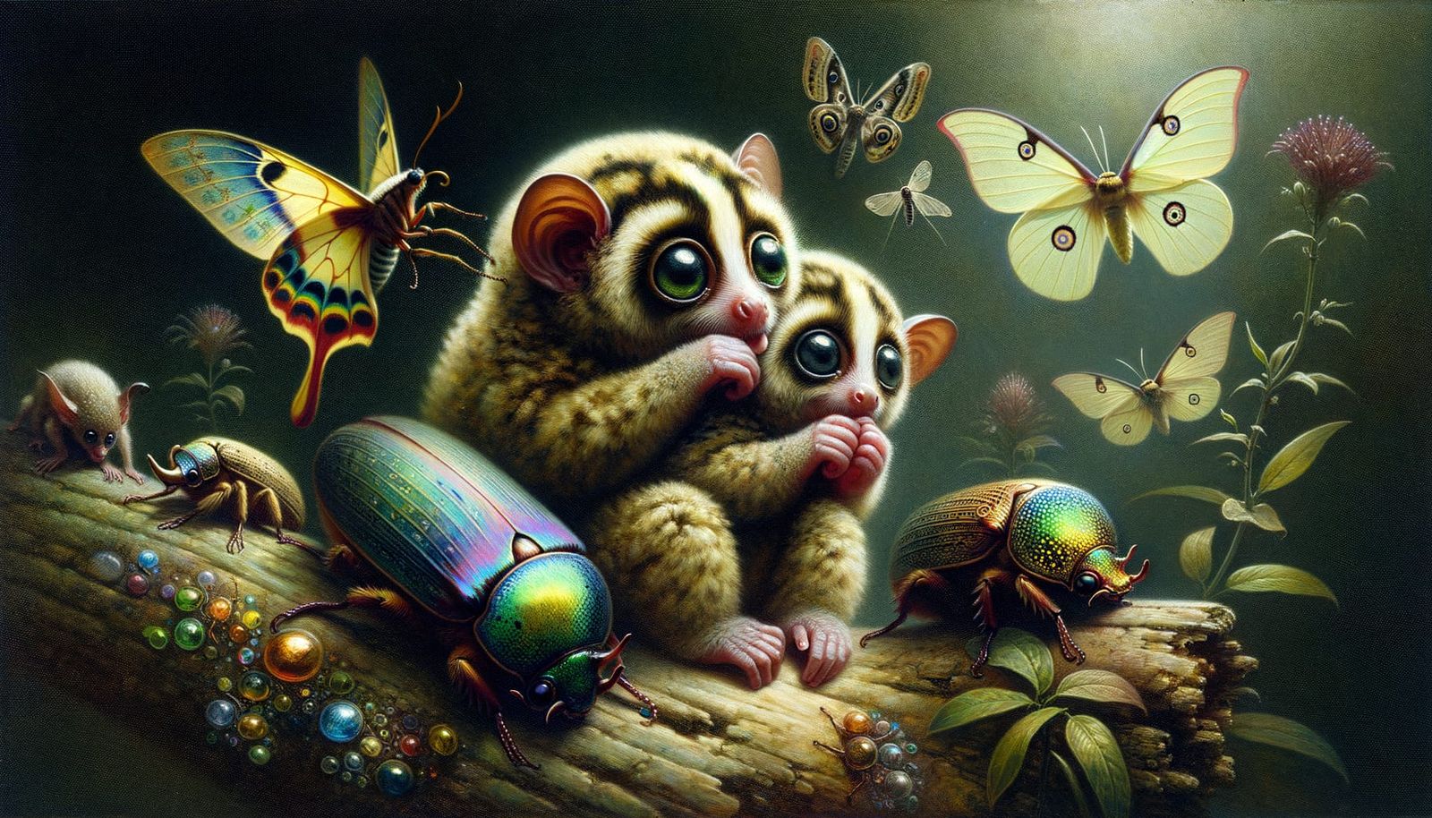 Enchanting Scene of Baby Loris and Aye-Aye with Luna Moths