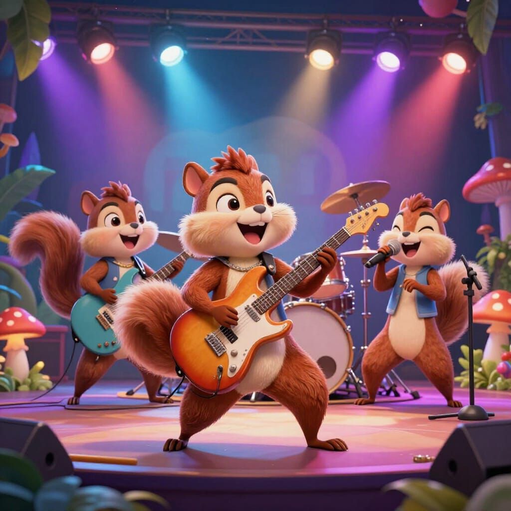 Anthropomorphic Squirrel Band Rocks Vibrant Stage