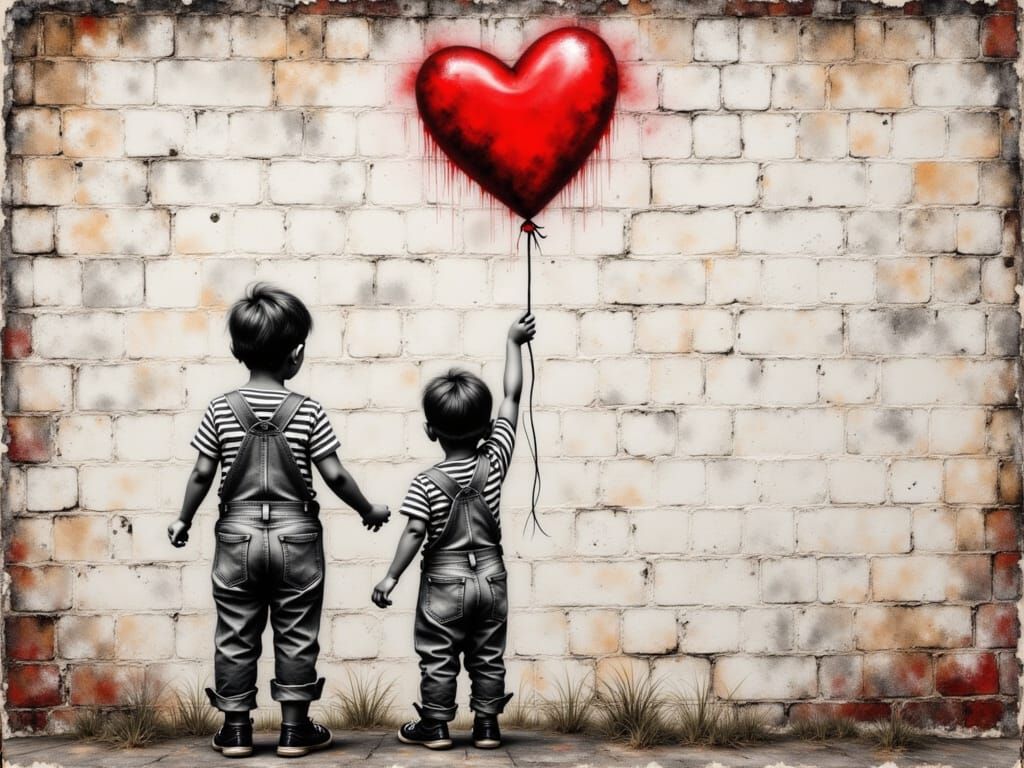 Child Holds Red Balloon as Street Art Mural