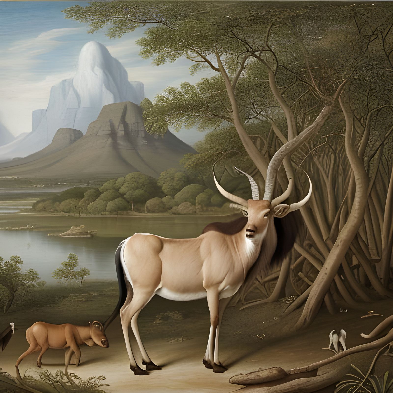 A white-tailed gnu among South African mangroves painted in ...