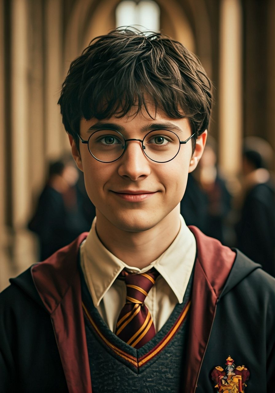 Smiling Teenager in Hogwarts Hallway with Vibrant Colors