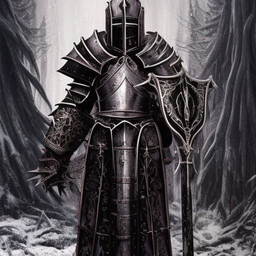 Grimdark Paladin in Snowy Forest, Dark Fantasy Art