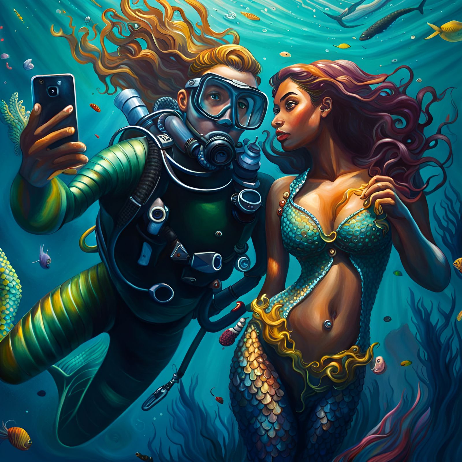 Underwater Selfie: Scuba Diver and Mermaid in Oil Paint
